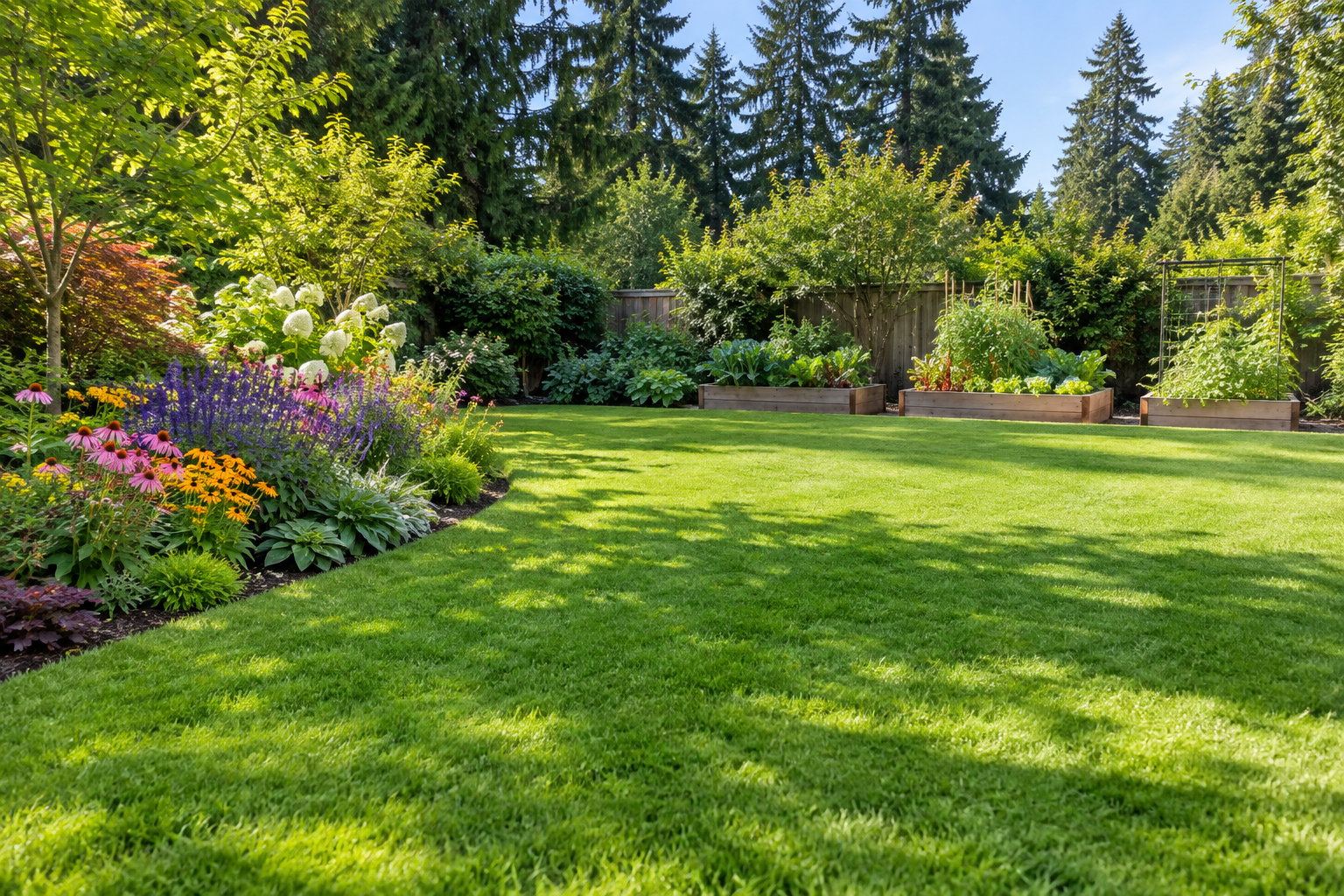 Green rear lawn with flower borders and raised garden beds