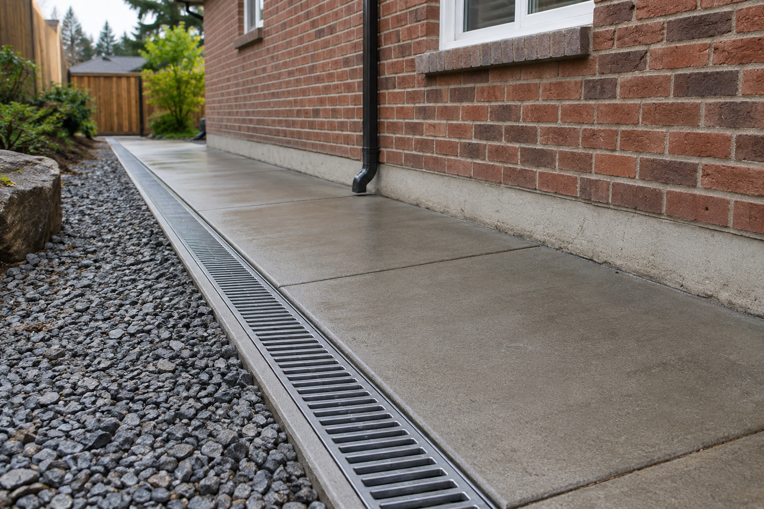 Metal-grate surface drain beside a graded walkway